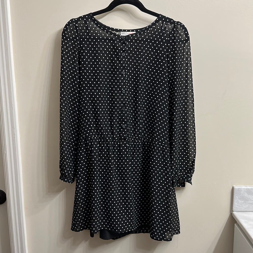 Black and white polka dot sheer dress, with interior lining. Size XS.